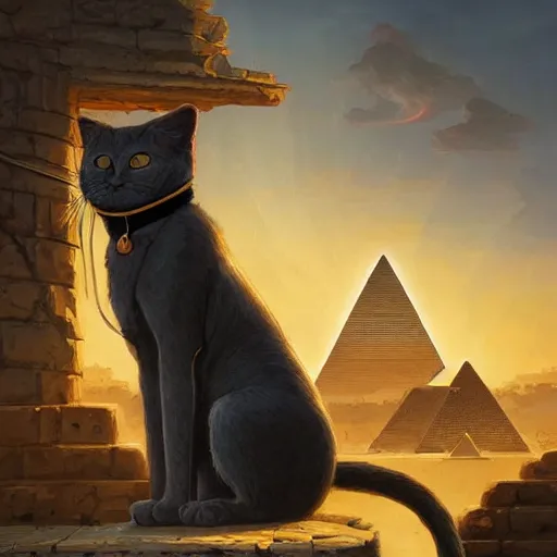 Prompt: Close-up of Cleopatra petting a black cat, sunrise light, pyramids in the background, art by peter mohrbacher, incredible quality, trending on artstation