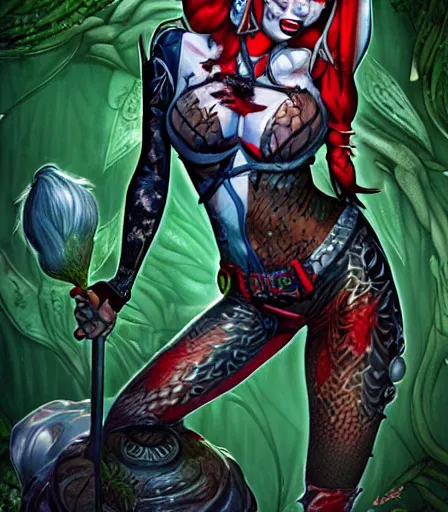 Image similar to hyper detailed comic illustration of a Elfpunk Harley Quinn and Poison Ivy ,tall, fair skin, curvaceous, gorgeous face, by artgerm, intricate details, low angle fish eye lens