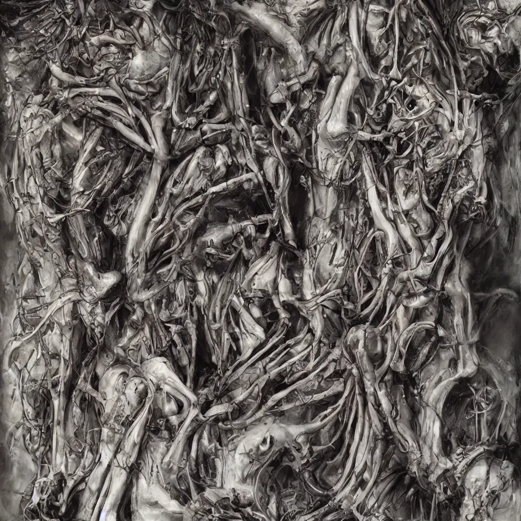 Image similar to realistic shot bloody bones, organs and flesh, biomechanical technology, natural light, by h r giger