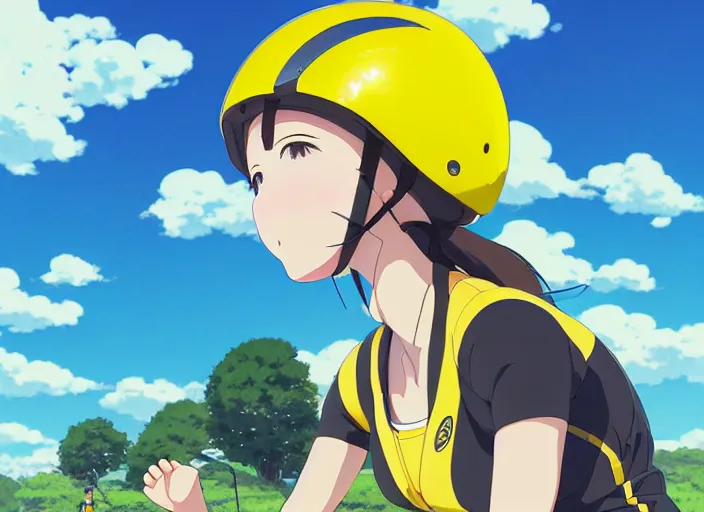 Prompt: portrait of cute girl riding road bike, sunny sky background, lush landscape, illustration concept art anime key visual trending pixiv fanbox by wlop and greg rutkowski and makoto shinkai and studio ghibli and kyoto animation, symmetrical facial features, sports clothing, yellow helmet, nike cycling suit, backlit, aerodynamic carbon frame, sponsors logo, sport golves