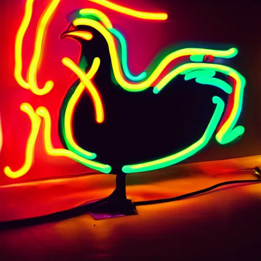 Prompt: portrait of black rooster having an orgasm eyes close, colorized neon lights, explosion of light, hyperealistic detailed photography polaroid, 5 0 mm lens, motion blur, grainy image