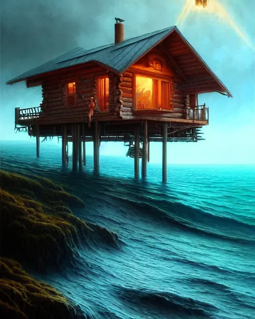 Image similar to a hyper - detailed 3 d render like an oil painting of cabin dreaming of the ocean!!!!! surreal concept art, lifelike, photorealistic, digital painting, aesthetic, smooth, sharp focus, artstation hd, by greg rutkowski, bruce pennington, valentina remenar, rhads, asher duran,