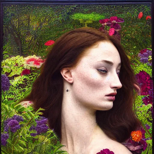 Image similar to sophie turner, exterior botanical garden, portrait face, colorful, frantisek kupka, intricate, miles johnston, kuroda seiki, cynical realism, ozabu, john william godward, painterly, yoshitaka amano, moebius, miles johnston, louise zhang, james jean, mark ryden lowbrow pop surrealism art style