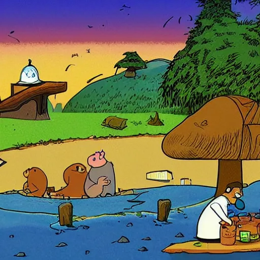 Image similar to capybaras camping on the seaside by yuga labs and by matt groening