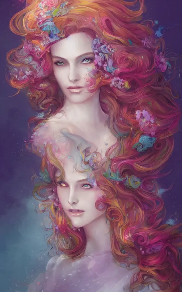 Prompt: a colorful and provenance illustrations painting of the fantasy female who with floral wing, highly detailed, her hair made of hair made of air wind and curling smoke, mist, dust, genie, spirit fantasy concept art, art by charlie bowater and ketner, jeremiah, trending on artstation.