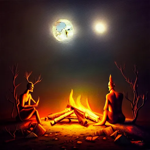 Image similar to strange mythical beasts of sitting around a fire under a full moon, surreal dark uncanny painting by ronny khalil