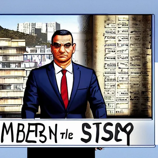 Prompt: Member of the Israeli Knesset Mansour Abbas GTA 5 loading screen, illustration