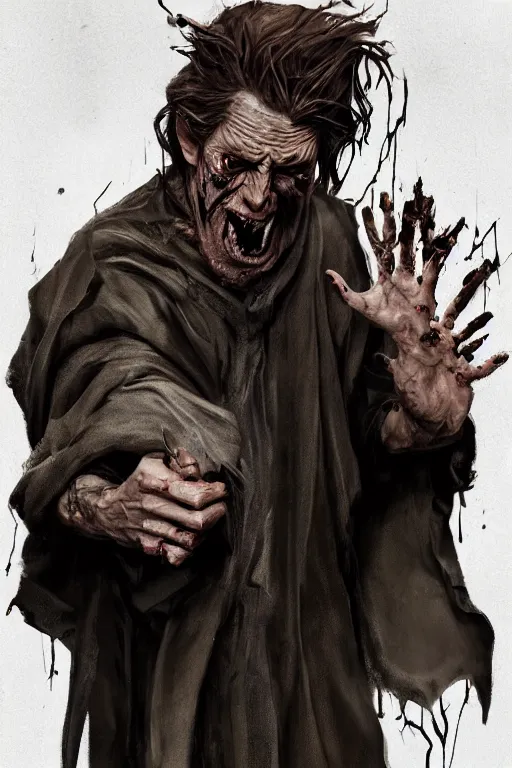 Image similar to A deranged filthy man looking like Willem Dafoe wearing long dark damaged ripped robes holding a magic paper scroll, long fingernails, unclipped fingernails, sharp fingernails, focus on face, sharp focus, digital painting, trending on artstation, concept art, fantasy, medieval, D&D