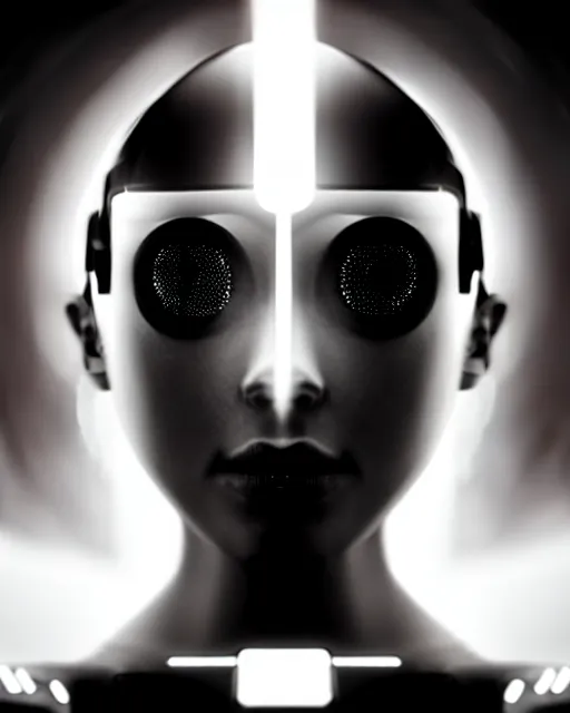 Image similar to black and white high quality photo of a beautiful futuristic female human-cyborg looking into a sci-fi mirror, volumetric lighting, liminal space, brutalism, foggy, dreamy, hyperdetailed, bokeh, photorealistic, cinematic, masterpiece, Metropolis, elegant, dark, octane render, 8K, in the style of Dora Maar