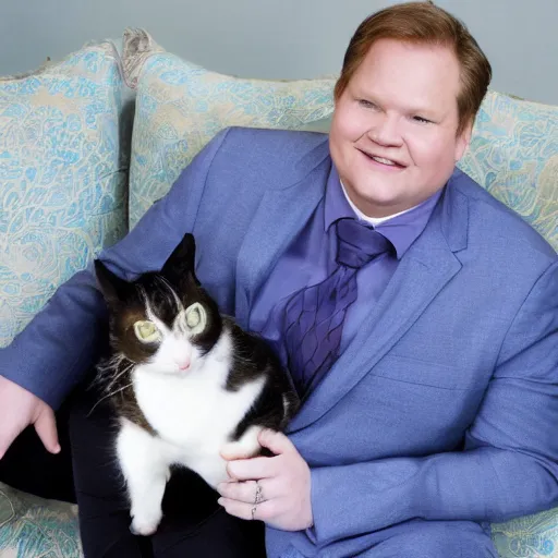 Image similar to Andy Richter wearing a blue dress shirt necktie navy dress pants sitting in a chair petting a calico cat