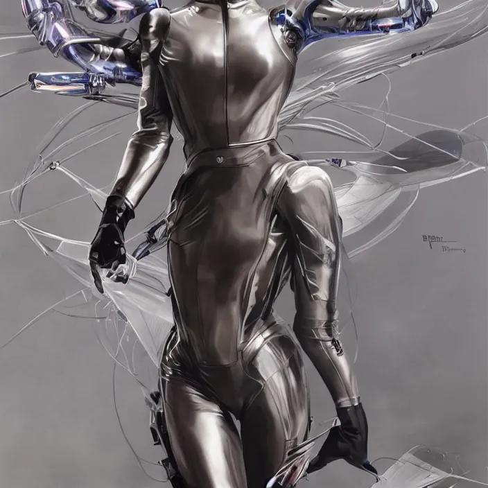 Image similar to aerodynamic princess cyborg, full body, high fashion, latex, urban, sharp, flowing, slick, highly detailed, motion, concept art, metallic, smooth, sharp focus, hd, art by greg rutkowski and alex grey and annie leibovitz