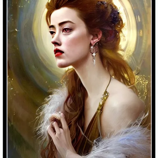 Image similar to hyperrealistic portrait of a woman as amber heard as a saint oracle wearing white swan dress long feathers and sapphire jewellery by jeremy mann and alphonse mucha, fantasy art, photo realistic, dynamic lighting, artstation, poster, volumetric lighting, very detailed faces, 4 k, award winning