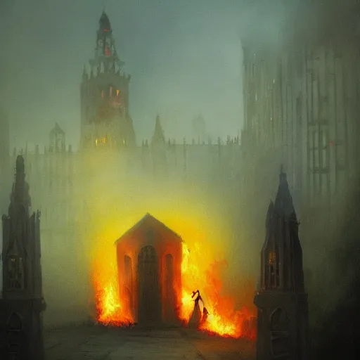 Image similar to A burning building on a foggy night with figures standing in the fog, gothic art, color, detailed