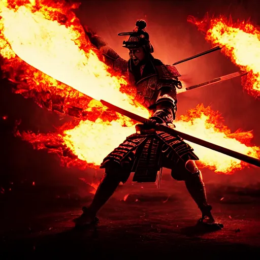 Image similar to a samurai wielding his sword in flames, epic fantasy art, cinematic atmosphere, action, high detail, ultra realistic, hyper realistic, photo realistic, trending on artstation, deviantart, 4 k uhd,