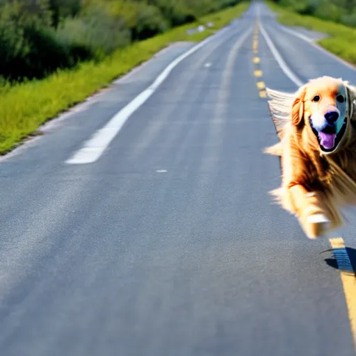 Prompt: photo of a golden retriever running on a highway