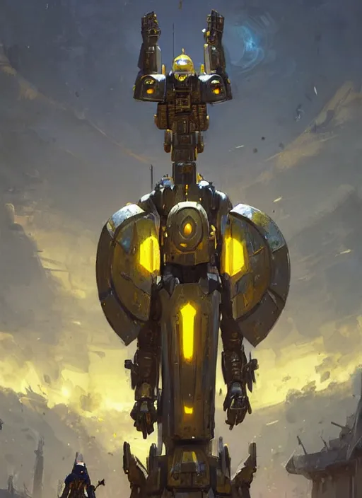 Image similar to tall strong intricate yellow pit droid holding large paladin medieval shield!!! and a long medieval engraved powerful great sword, pancake short large head painterly humanoid mecha, beautiful fantasy background by Greg Rutkowski