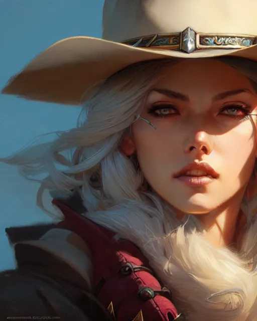 Prompt: ashe from overwatch, cowgirl, character portrait, portrait, close up, concept art, intricate details, highly detailed by greg rutkowski, michael whelan and gustave dore