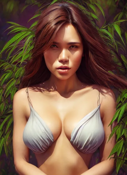 Image similar to photo of a gorgeous female in the style of stefan kostic, realistic, half body shot, sharp focus, 8 k high definition, insanely detailed, intricate, elegant, art by stanley lau and artgerm, bokeh foliage