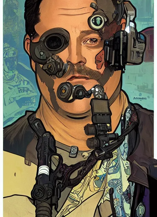 Prompt: cyberpunk paul blart fighting real cop. portrait by ashley wood and alphonse mucha and laurie greasley and josan gonzalez and james gurney. spliner cell, apex legends, rb 6 s, hl 2, d & d, cyberpunk 2 0 7 7. realistic face. vivid color. dystopian setting.