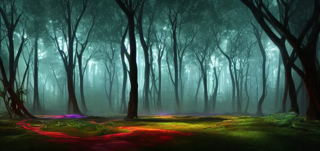 Prompt: dramatic view of a mystical forest at dusk, trees with winding branches, glowing neon floor, light rays from above, colored fog, haze, unreal engine, dramatic lighting, detailed, ambient occlusion, global illumination, god rays, 3 d artstation render by noah bradley and jordan grimmer