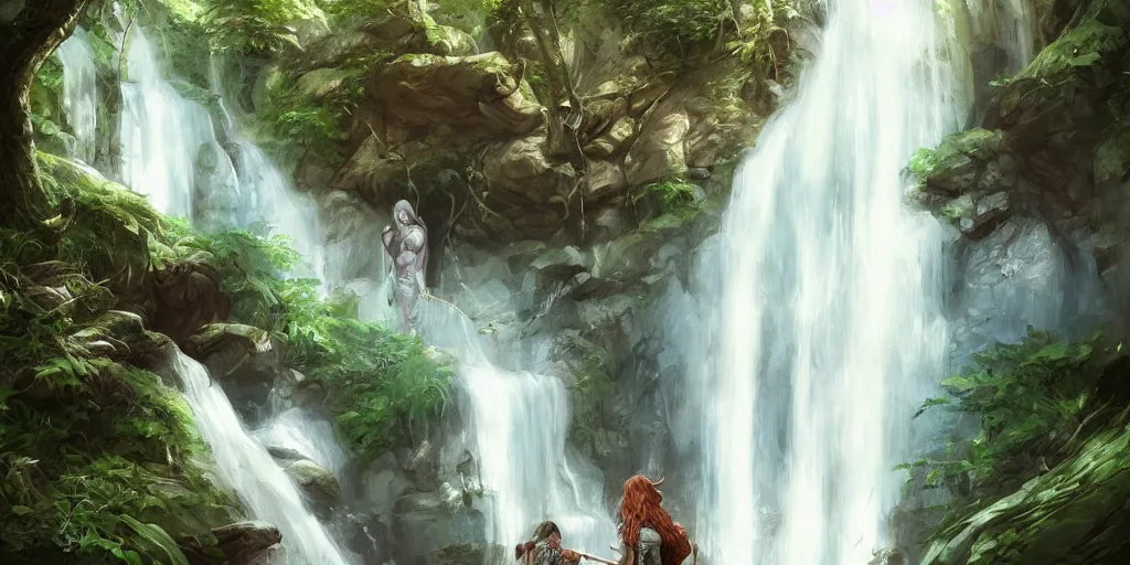 Prompt: waterfall in spring forest, d & d, fantasy, portrait, highly detailed, digital painting, trending on artstation, concept art, sharp focus, illustration, art by artgerm and greg rutkowski and magali villeneuve