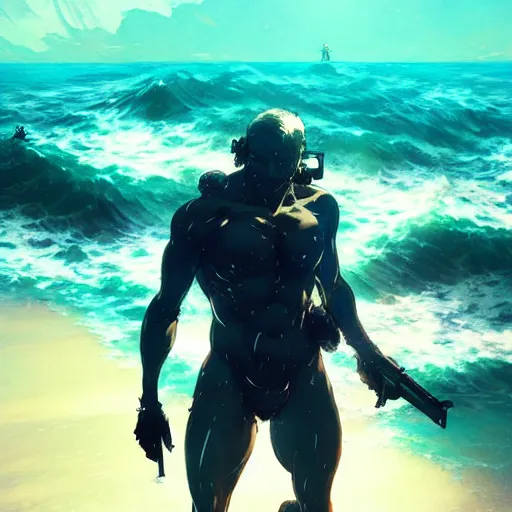 Image similar to man in the ocean looking for wifi by Akihito Yoshitomi AND Yoji Shinkawa AND Greg Rutkowski, Mark Arian trending on artstation