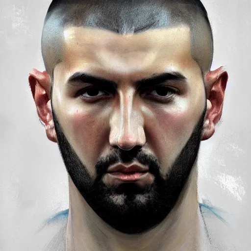 Image similar to A realistic hyperdetailed wide-shot digital oil portrait painting of an benzema in the style of Guy Denning, Ruan Jia, and Craig Mullins. Trending on ArtStation, DeviantArt, and Instagram. CGSociety Digital art. benzema.