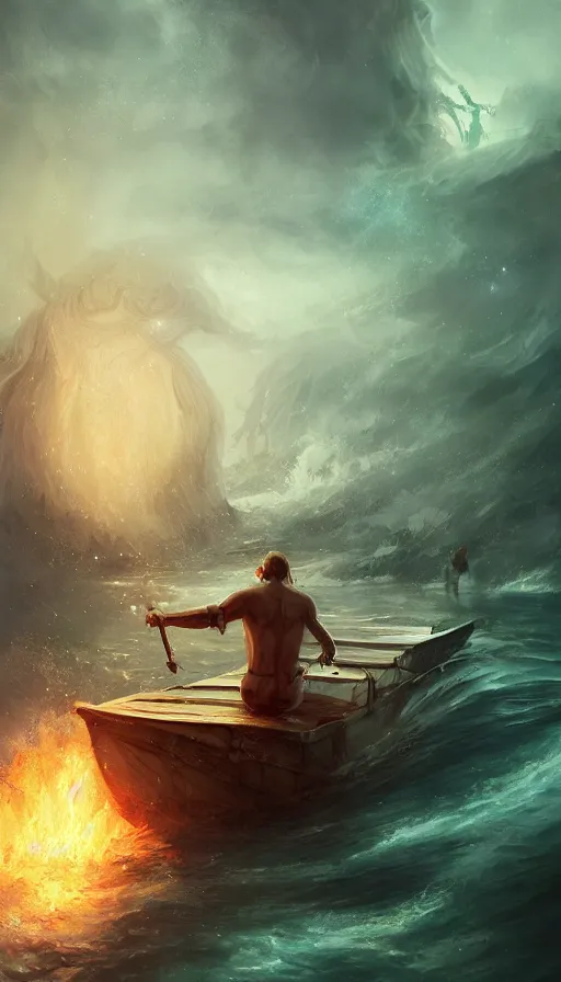 Image similar to man on boat crossing a body of water in hell with creatures in the water, sea of souls, by ross tran