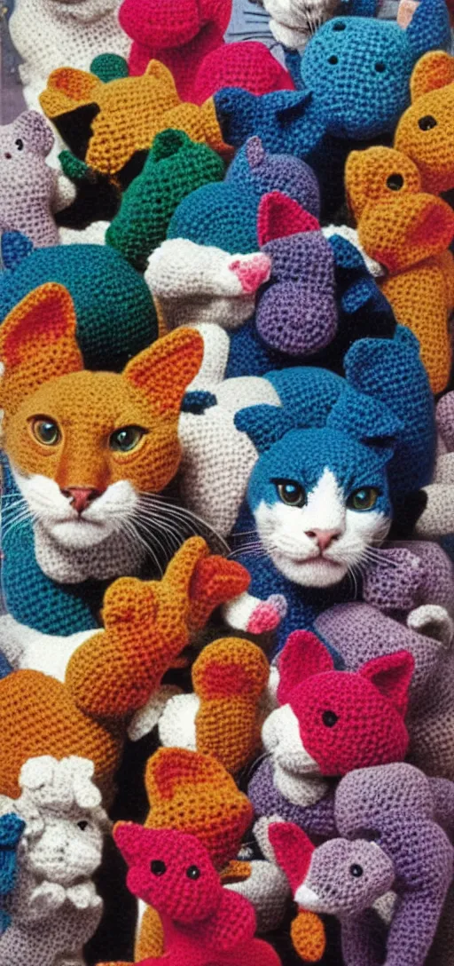 Prompt: multicolored crocheted cats, 1 9 8 0 s catalogue photo,