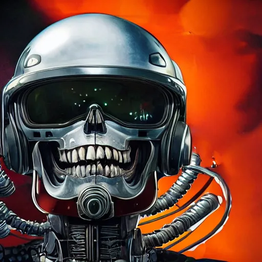 Image similar to a portrait of an cyborg skull fighter pilot wearing a helmet, vampire teeth, in an orange racing helmet by sandra chevrier, detailed render, epic composition, cybernetics, 4 k realistic, cryengine, realistic shaded lighting, sharp focus, masterpiece, by matteo scalera, gary montalbano, peter elson in the style of the tokyo ghost comic