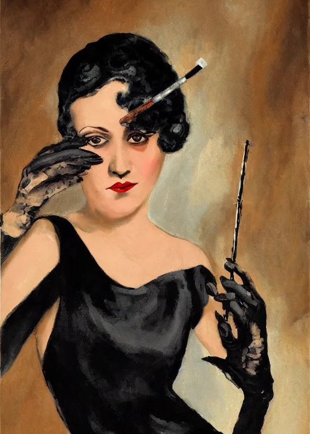 Prompt: realistic painting of a 1 9 2 0 s short - haired flapper woman in black satin gloves holding a long cigarette holder, at a jazz party in a dimly lit speakeasy, circa 1 9 2 4, colored realistic oil painting