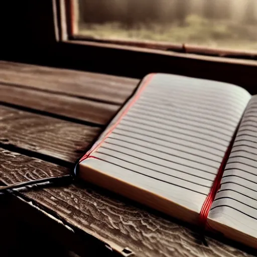 Image similar to highly detailed close up photo of an old worn notebook on wooden table, old table, feather pen, light coming out of near window, moody lighting, dim atmosphere, dust in air