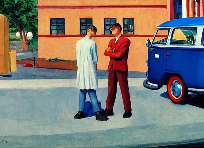 Image similar to painting, two young men and women in front of blue vw bus, by edward hopper, bernardo bertolucci dreamers movie scene