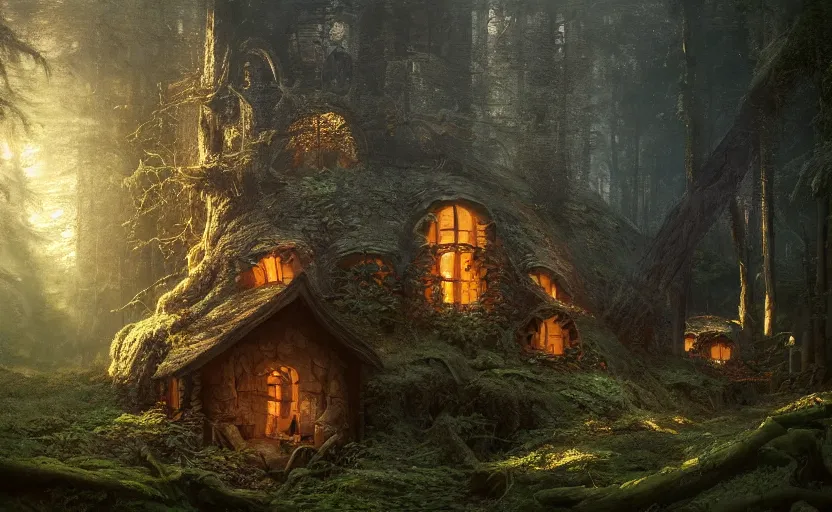 Prompt: A mushroom house in a tall mushroom, warm light coming from the windows, in a dark forest, macro, cool tones, underexposed, overecast, mysterious matte painting by greg rutkowski and marc simonetti and Ivan Shishkin, 4k