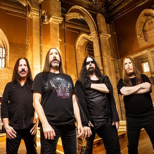 Prompt: Dream Theater playing a concert in a church with high ceilings under fire