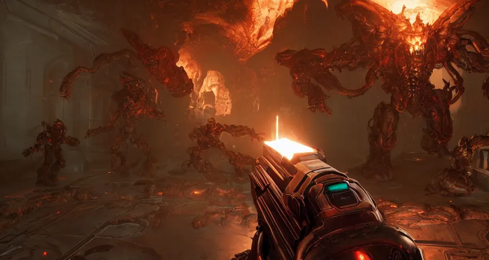 Image similar to gameplay of doom eternal, ambient lighting, concept art, intricate, hyper detailed, smooth, action, volumetric lighting, 3 d render, unreal, octane