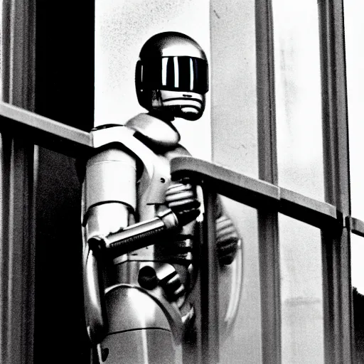 Image similar to a paparazzi photography of robocop wearing a bathrobe smoking a cigarette, standing on a balcony