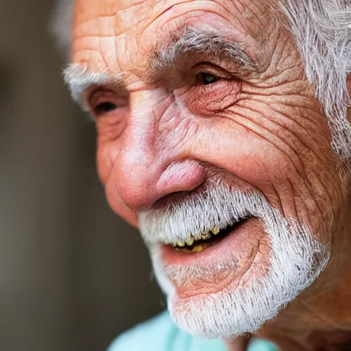 Prompt: close-up on the face of a very old and very beautiful old man, smiling softly and peacefully with kind eyes