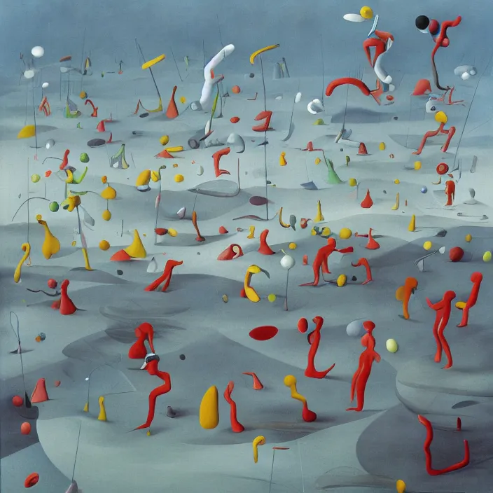 Prompt: the first colors getting out of the primordial soup to walk on land. painting by yves tanguy, walton ford