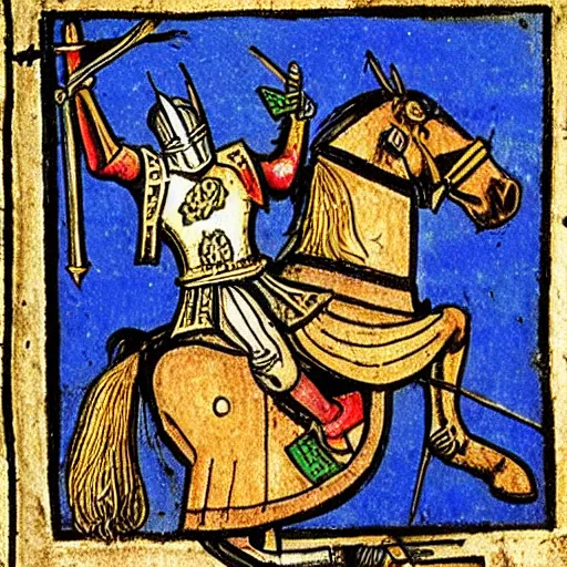 Prompt: medieval drawing of a Knight in battle with AK-47