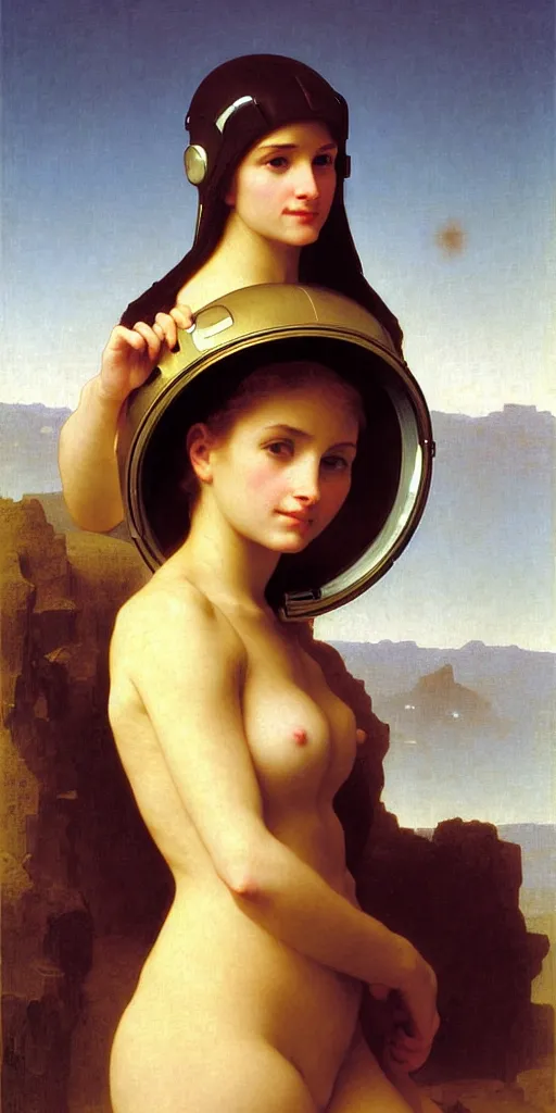 Image similar to portrait of women in astronaut helmets an ancient human species, single person, by bouguereau