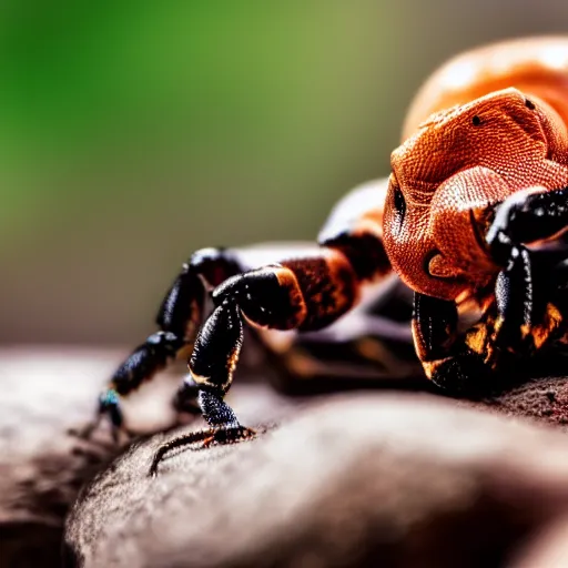 Prompt: macro photography of a creature that has the body of a scorpion and the head of dwayne johnson