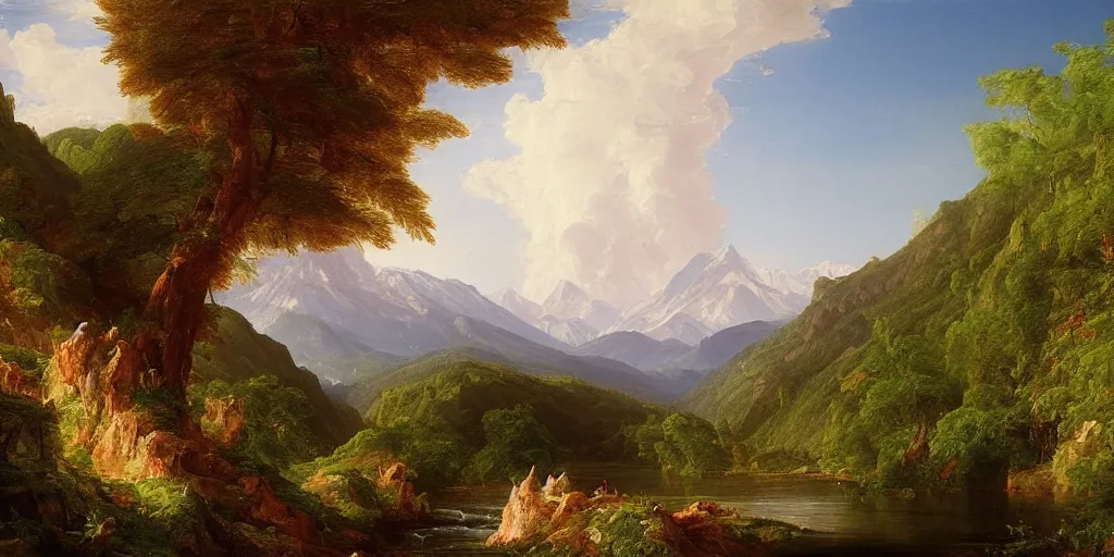 Prompt: a stunning painting of a mountain vista with a river flowing to a lake and forest, summer season, by thomas cole, oil on canvas, highly detailed, 4 k, hd