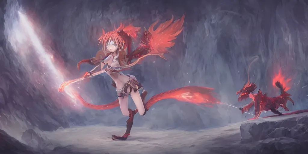 Prompt: character design of a cute anime girl fighting a fire dragon inside a cave, fantasy, Digital 2D, highly detailed, sharp focus, smooth, artstation, art by JunYoung Shin