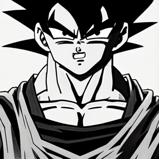 Image similar to Goku Portrait, Poster, Very Epic, 4k resolution, highly detailed, Trend on artstation Black & White Art, Blue fire, white background, sketch, Digital 2D, Character Design, in style Yasmine Putri