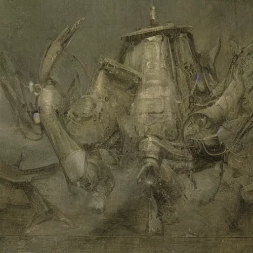 Image similar to Still life of a combat mech surrounded by its weapons, by Henri Fantin-Latour