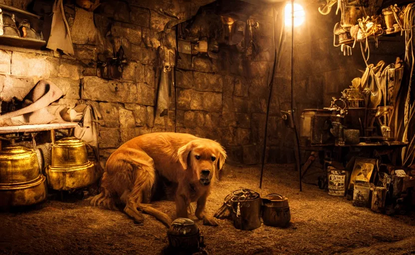 Image similar to a dirty golden retriever in a dark mine wearing a wild west hat and jacket with large piles of gold and gold nuggets nearby, dim moody lighting, wooden supports, lanterns, stylized photo