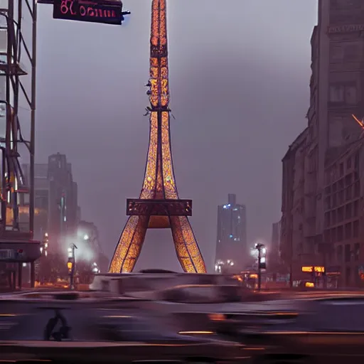 Image similar to A beautiful intricate 8K award-winning ground-level cinematic movie photograph of the future apocalyptic Eiffel Tower surrounded by corporate billboards, destroyed and decaying. in the year 2043, by Bruno Delbonnel and greg rutkowski. Arri Alexa 65, IMAX 70mm footage. Dirty billboards. Cinematic lighting