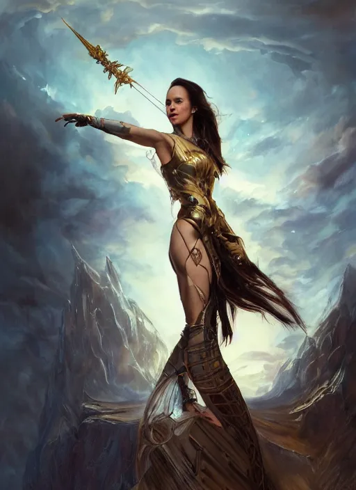 Prompt: portrait of Catriona Gray as a ever reaching swashbuckling Goddess of despair, a futuristic diety, fantasy, intricate, elegant, human anatomy, natural light, golden hour, highly detailed, digital painting, artstation, concept art, smooth, sharp focus, illustration, art by brom, tian zi and WLOP and alphonse mucha, masterpiece, 3d blender, mitch foust, Clyde Caldwell