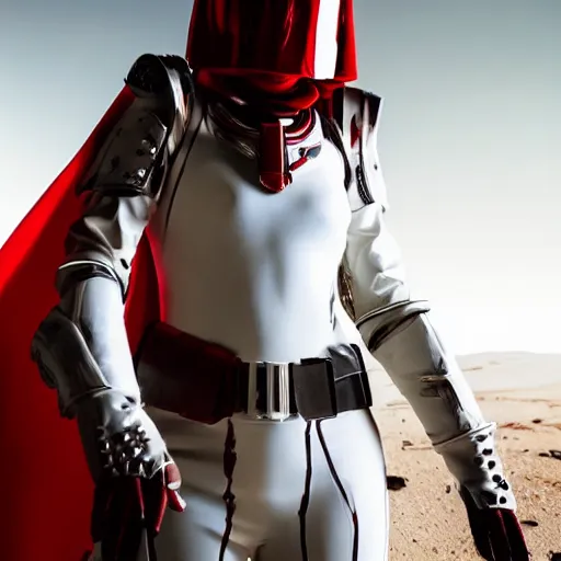 Prompt: a young female soldier wearing blood-spattered glossy sleek white dinged scuffed armor and a long torn red cape, heroic posture, determined expression, elegant, battle weary, no helmet, on the surface of mars, dramatic lighting, cinematic, sci-fi, hyperrealistic, detailed